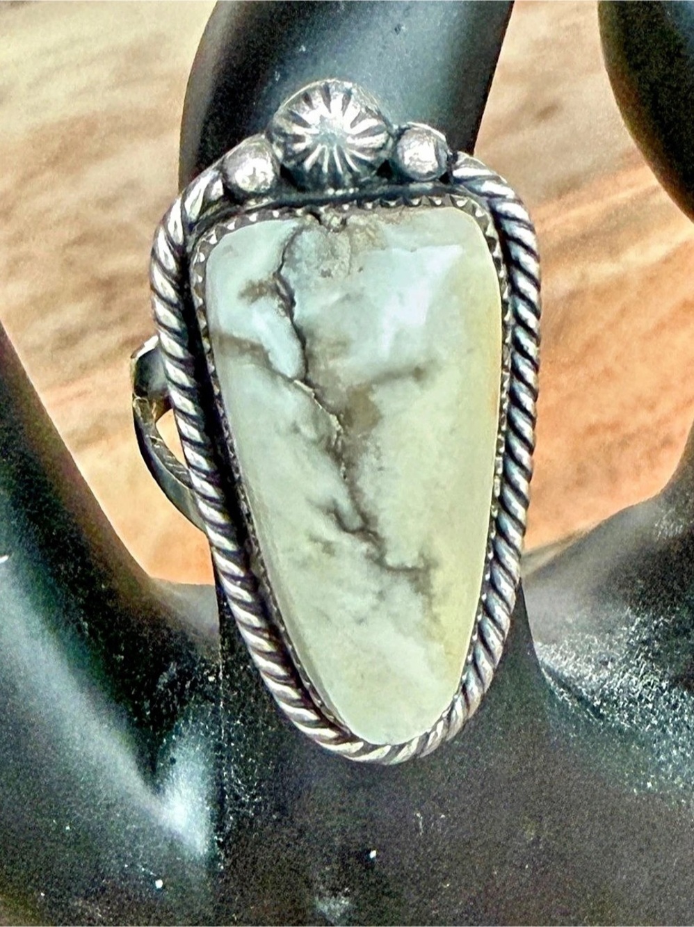 White Buffalo Sterling Silver Stamped Statement Ring US 7
